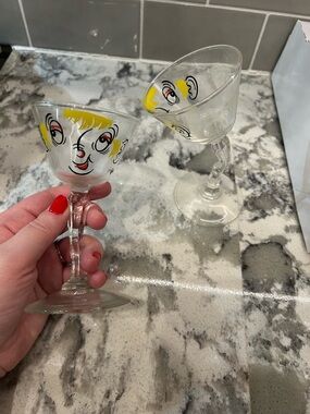 Whimsical Hand-Painted Face Cocktail Glasses - Yellow Accents
